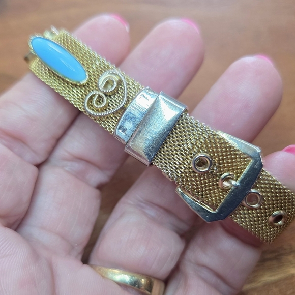VINTAGE faux Turquoise Goldtone Belt Style Mesh Bracelet - Picture 3 of 7